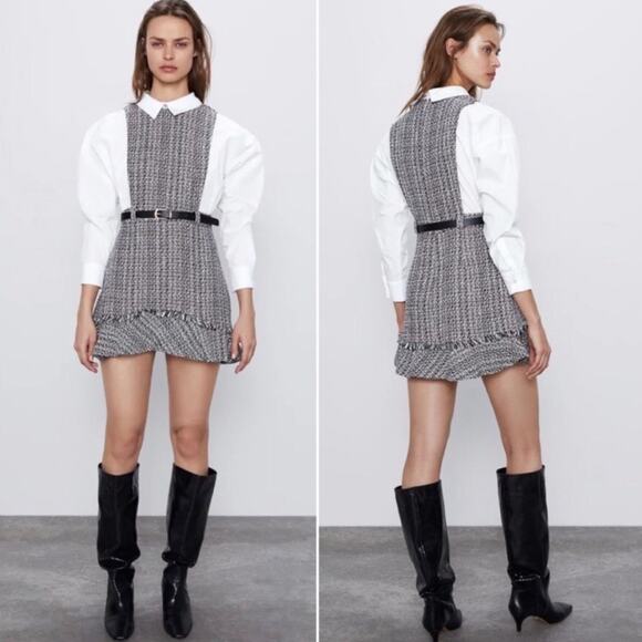 NWT Zara Combination Pinafore Belted Tweed Dress XL - Picture 3 of 10